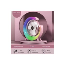 Masaüstü Vantilatör Usb Şarjlı Rgb Led Işıklı 3 Kademeli 180° Ayarlanabilir Soğutucu Fan Pembe