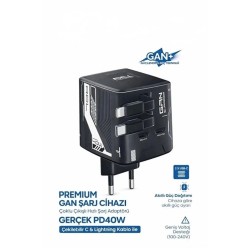 Gan+ Pd 40w Hızlı Şarj Adaptörü Çoklu Çıkış Usb-c Lightning Kablolu Hızlı Şarj Cihazı Ev Ofis Uyumlu Siyah