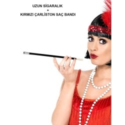 192039ler 199039lar Gatsby Kadın Aksesuar Seti – Kırmızı Charleston Saç Bandı Ve Lık