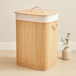 Bambu Kirli Çamaşır Sepeti 40x30x60 cm - Kapaklı İpli Kumaş Torbalı