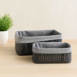 Gri Bambu Kenarlı Dikdörtgen Organizer Sepet (25x14 / 28x18 cm) - Ahşap Taban, Bezli
